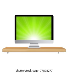 Monitor Icon Wooden Shelf, Isolated On White Background, Vector Illustration