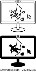 Monitor Icons. Black and White Vector Illustrations. Device For Outputting Any Information From A Computer. Video Of a Man Descending From a Mountain. Video Camera, Gadget, Technology. Device Concept