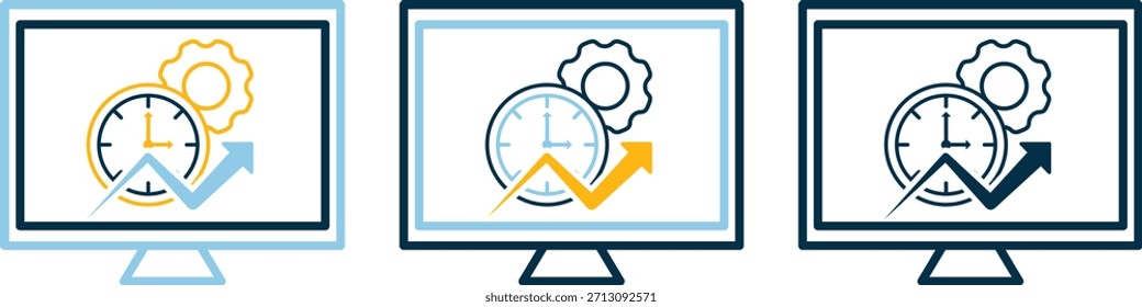Überwachen Sie Symbole mit Grafiken mit Uhrwerk, Getriebe und nach oben zeigenden Pfeilen, die zeitbasierte Produktivität, Prozessoptimierung und Leistungssteigerung symbolisieren. Ideal für technische, geschäftliche und Workflow-Visualisierungen