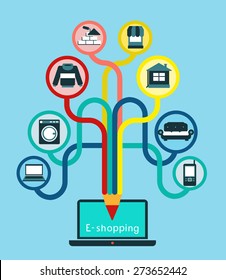 Monitor and Icons Online Store. E-shopping concept.
