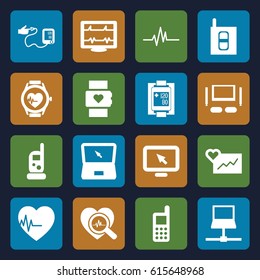 Monitor icons set. set of 16 monitor filled icons such as baby monitor phone, phone, heartbeat, blood pressure measure, heartbeat search, heartbeat watch, blood pressure