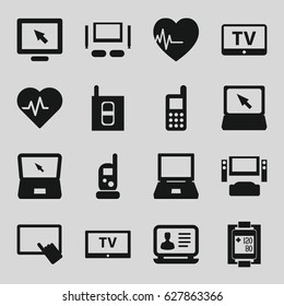 Monitor icons set. set of 16 monitor filled icons such as TV, baby monitor phone, finger on tablet, phone, laptop, blood pressure measure, heartbeat, intercom, TV set