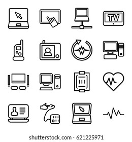Monitor icons set. set of 16 monitor outline icons such as TV, baby monitor phone, finger on tablet, laptop, blood pressure measure, heartbeat, blood pressure, pc, intercom
