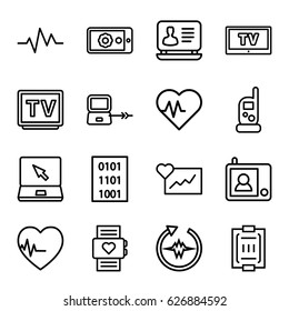 Monitor icons set. set of 16 monitor outline icons such as laptop connection, baby monitor phone, laptop, TV, blood pressure measure, heartbeat, gear on display, intercom