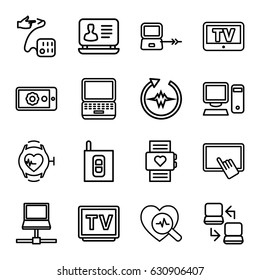 Monitor icons set. set of 16 monitor outline icons such as tv, laptop connection, finger on tablet, laptop, heartbeat search, heartbeat watch, blood pressure, gear on display