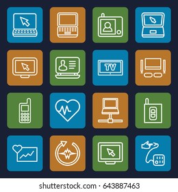 Monitor icons set. set of 16 monitor outline icons such as phone, laptop, blood pressure, intercom, tv set, tv, display, heartbeat, cardiogram