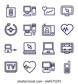 Monitor icons set. set of 16 monitor outline icons such as laptop connection, phone, heartbeat, tv, pc, intercom, laptop, cardiogram