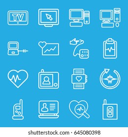 Monitor icons set. set of 16 monitor outline icons such as tv, laptop connection, baby monitor phone, laptop, heartbeat clipboard, heartbeat search, blood pressure, pc