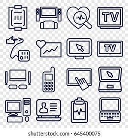Monitor icons set. set of 16 monitor outline icons such as finger on tablet, phone, laptop, heartbeat clipboard, tv, blood pressure measure, heartbeat search, blood pressure