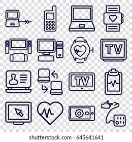 Monitor icons set. set of 16 monitor outline icons such as tv, laptop connection, phone, laptop, heartbeat clipboard, heartbeat watch, blood pressure, pc, gear on display