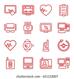 Monitor icons set. set of 16 monitor outline icons such as baby monitor phone, finger on tablet, heartbeat, blood pressure measure, heartbeat watch, pc, intercom, tv set