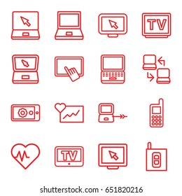 Monitor icons set. set of 16 monitor outline icons such as tv, laptop connection, finger on tablet, phone, laptop, gear on display, intercom, display, heartbeat, cardiogram