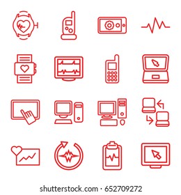 Monitor icons set. set of 16 monitor outline icons such as baby monitor phone, finger on tablet, phone, heartbeat, heartbeat clipboard, heartbeat watch, laptop