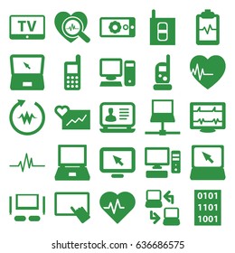 Monitor icons set. set of 25 monitor filled icons such as tv, baby monitor phone, finger on tablet, phone, laptop, heartbeat, heartbeat clipboard, heartbeat search, pc