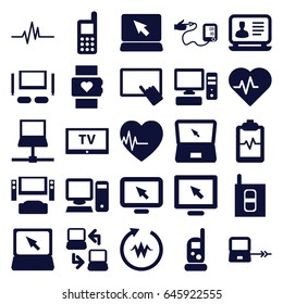 Monitor icons set. set of 25 monitor filled icons such as laptop connection, baby monitor phone, finger on tablet, phone, laptop, heartbeat clipboard, heartbeat