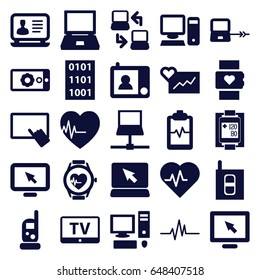 Monitor icons set. set of 25 monitor filled icons such as tv, laptop connection, baby monitor phone, finger on tablet, laptop, heartbeat clipboard, blood pressure measure