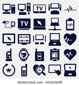 Monitor icons set. set of 25 monitor filled icons such as tv, baby monitor phone, finger on tablet, phone, heartbeat, heartbeat clipboard, blood pressure measure