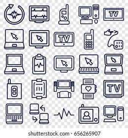 Monitor icons set. set of 25 monitor outline icons such as tv, baby monitor phone, phone, heartbeat, heartbeat clipboard, laptop, blood pressure measure, blood pressure