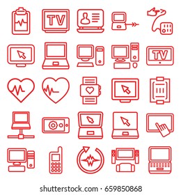 Monitor icons set. set of 25 monitor outline icons such as tv, laptop connection, finger on tablet, phone, laptop, heartbeat clipboard, blood pressure measure, heartbeat