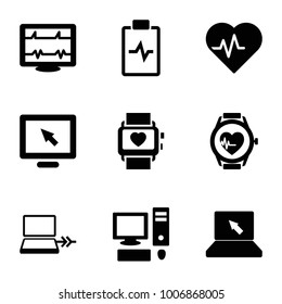Monitor icons. set of 9 editable filled monitor icons such as display, heartbeat, heartbeat watch, pc, laptop connection, laptop, heart rate watch