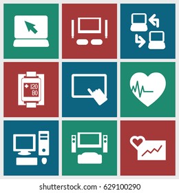 Monitor icons set. set of 9 monitor filled icons such as finger on tablet, blood pressure measure, heartbeat, TV set, laptop connection, pc, TV system, laptop
