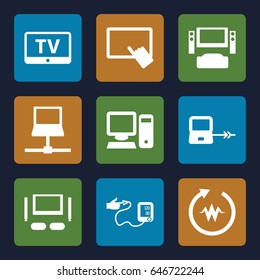 Monitor icons set. set of 9 monitor filled icons such as tv, laptop connection, finger on tablet, blood pressure, pc, tv set, heartbeat, tv system