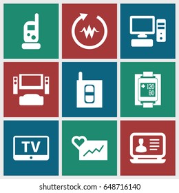 Monitor icons set. set of 9 monitor filled icons such as tv, baby monitor phone, laptop, blood pressure measure, pc, intercom, heartbeat, tv system