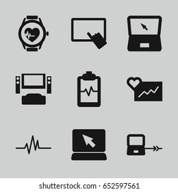 Monitor icons set. set of 9 monitor filled icons such as laptop connection, finger on tablet, heartbeat clipboard, heartbeat, heartbeat watch, laptop, tv system