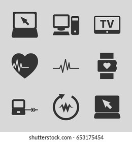 Monitor icons set. set of 9 monitor filled icons such as tv, laptop connection, laptop, heartbeat, pc