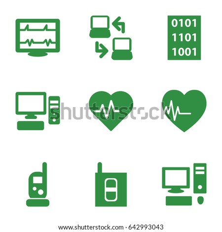 Monitor icons set. set of 9 monitor filled icons such as baby monitor phone, heartbeat, pc, intercom, laptop connection