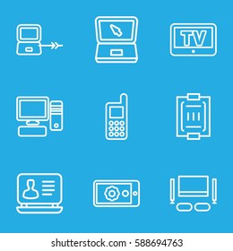 monitor icons set. Set of 9 monitor outline icons such as TV, laptop connection, phone, laptop, blood pressure measure, pc, gear on display