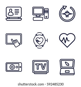 monitor icons set. Set of 9 monitor outline icons such as finger on tablet, laptop, TV, heartbeat watch, pc, gear on display