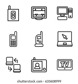 Monitor icons set. set of 9 monitor outline icons such as tv, baby monitor phone, phone, heartbeat, laptop, pc, intercom