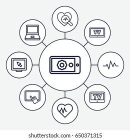 Monitor icons set. set of 9 monitor outline icons such as tv, finger on tablet, heartbeat, heartbeat search, gear on display, display