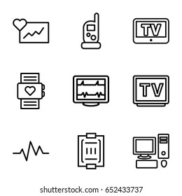 Monitor icons set. set of 9 monitor outline icons such as tv, baby monitor phone, heartbeat, blood pressure measure, pc, cardiogram