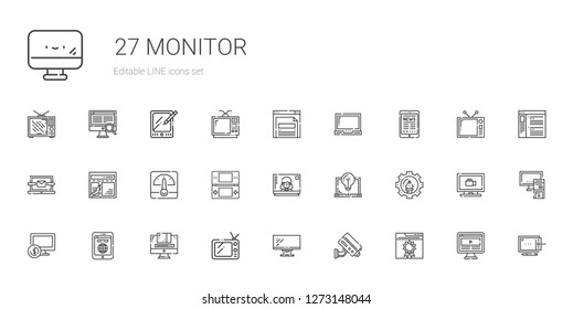 monitor icons set. Collection of monitor with browser, cctv, tv, graphic design, tablet, computer, laptop, television, console, voltmeter. Editable and scalable monitor icons.