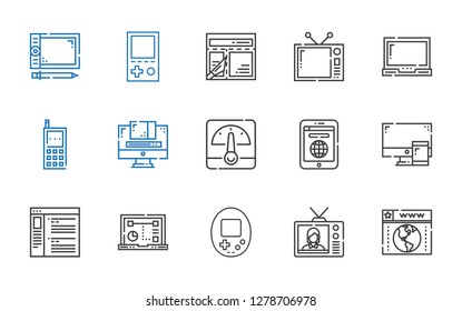 monitor icons set. Collection of monitor with browser, television, console, laptop, computer, tablet, voltmeter, graphic design, cellphone. Editable and scalable monitor icons.