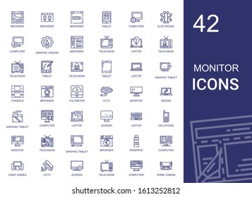monitor icons set. Collection of monitor with browser, tablet, computer, electronic, graphic design, television, laptop, graphic tablet, console. Editable and scalable monitor icons.