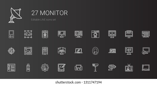 monitor icons set. Collection of monitor with cctv, video games, tablet, graphic design, pendrive, browser, laptop, console, design, radar. Editable and scalable monitor icons.