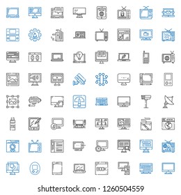 monitor icons set. Collection of monitor with computer, pc, browser, laptop, tablet, console, graphic design, television, graphic tablet. Editable and scalable monitor icons.