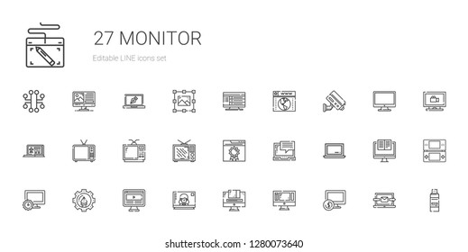 monitor icons set. Collection of monitor with computer, graphic design, television, laptop, browser, cctv, pendrive, console, monitoring. Editable and scalable monitor icons.