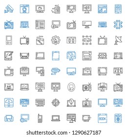 monitor icons set. Collection of monitor with tablet, browser, graphic tablet, computer, laptop, cellphone, video games, television, radar. Editable and scalable monitor icons.