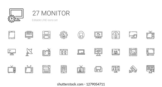 monitor icons set. Collection of monitor with video games, television, tablet, browser, computer, laptop, tv, radar, voltmeter, monitoring. Editable and scalable monitor icons.