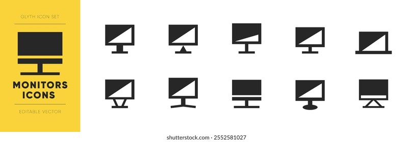 Ícones de monitor definidos. Ilustrações editáveis do monitor de glifos vetoriais.