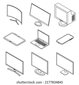 Monitor icons set. Isometric set of monitor vector icons thin line outline on white isolated