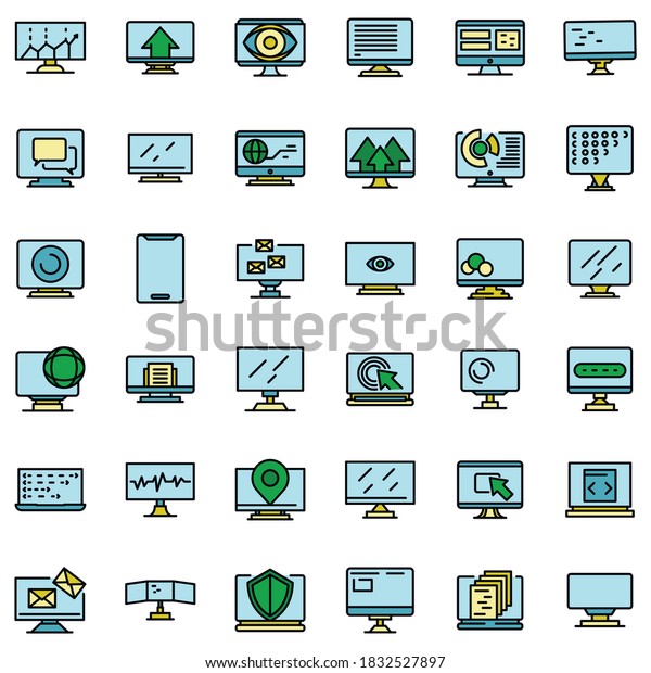 Monitor icons set. Outline set of monitor vector\
icons thin line color flat on\
white