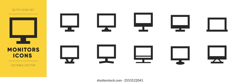 Ícones de monitor definidos. Coleção de vetores de monitor com vários designs de monitor. Monitores de glifo editáveis para ícones da Web.