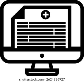 Ilustración de monitor con documento de símbolo cruzado, diseño de icono de esquema médico o de atención médica