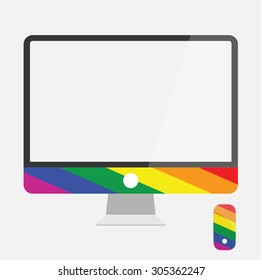 Monitor in imac style, with rainbow colors. Gay pride.