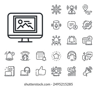 Monitor with Image sign. Place location, technology and smart speaker outline icons. Photo thumbnail line icon. Picture placeholder symbol. Photo thumbnail line sign. Vector